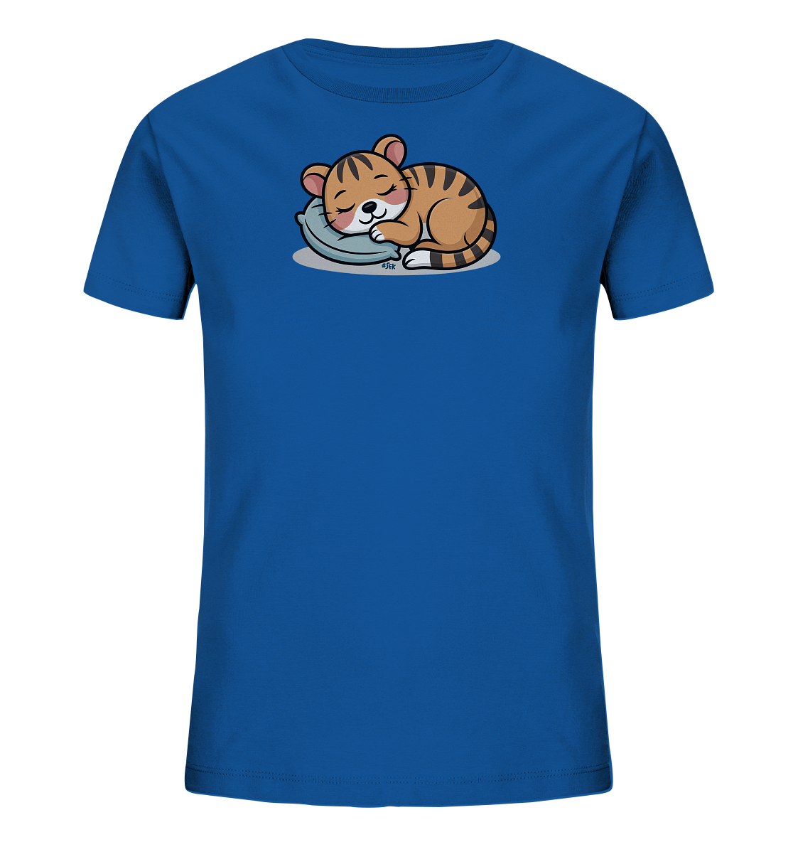 Onlineshop Shirts fuer Kinder - Das Bild zeigt ein leuchtend blaues Kinder-T-Shirt mit einem charmanten Motiv. Darauf ist ein schlafendes Tigerbaby abgebildet, das gemuetlich auf einem hellblauen Kissen liegt. Das kleine Tigerbaby ist braun-orange gestreift und hat die Augen geschlossen, was einen friedlichen und niedlichen Ausdruck vermittelt. Das Design ist mittig auf der Vorderseite des Shirts platziert.