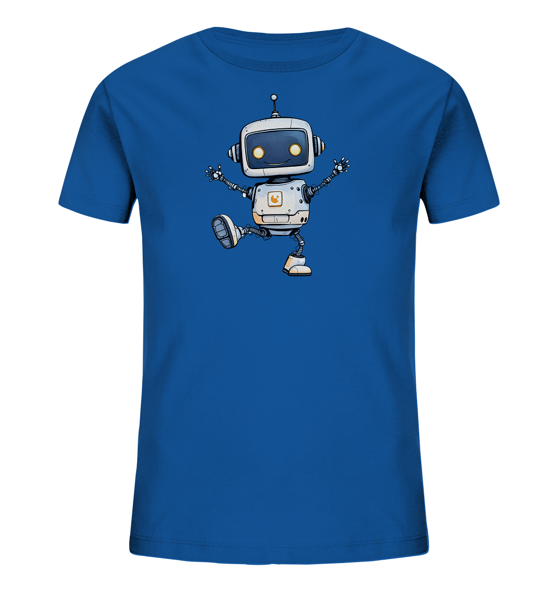 Onlineshop Shirts für Kinder - Das Bild zeigt ein blaues Kinder-T-Shirt mit einem verspielten Druck auf der Vorderseite. Das Motiv stellt einen freundlichen Cartoon-Roboter dar, der fröhlich tanzt oder springt, mit weit ausgebreiteten Armen und einem gehobenen Bein. Der Roboter ist in Grau- und Weißtönen gehalten, hat leuchtend gelbe Augen und ein Symbol auf der Brust. Dieses Design verleiht dem Shirt einen lustigen und lebhaften Charakter.
