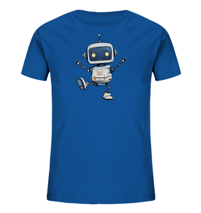 Onlineshop Shirts für Kinder - Das Bild zeigt ein blaues Kinder-T-Shirt mit einem verspielten Druck auf der Vorderseite. Das Motiv stellt einen freundlichen Cartoon-Roboter dar, der fröhlich tanzt oder springt, mit weit ausgebreiteten Armen und einem gehobenen Bein. Der Roboter ist in Grau- und Weißtönen gehalten, hat leuchtend gelbe Augen und ein Symbol auf der Brust. Dieses Design verleiht dem Shirt einen lustigen und lebhaften Charakter.