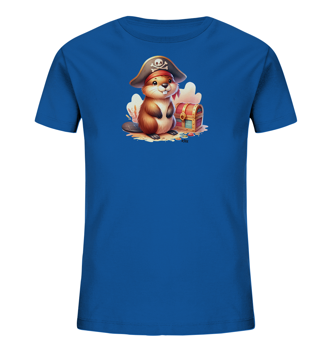 Onlineshop Shirts fuer Kinder - Das Bild zeigt ein blaues Kinder T-Shirt mit einem detaillierten Druck. Zu sehen ist ein suesser Biber mit einem Piratenhut auf dem Kopf. Er sitzt neben einer geoeffneten Schatztruhe, umgeben von Goldmuenzen. Das Motiv hat einen verspielten Piraten-Look mit einem niedlichen Tier.
