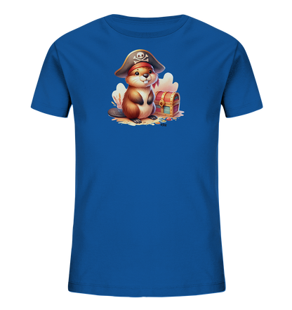 Onlineshop Shirts fuer Kinder - Das Bild zeigt ein blaues Kinder T-Shirt mit einem detaillierten Druck. Zu sehen ist ein suesser Biber mit einem Piratenhut auf dem Kopf. Er sitzt neben einer geoeffneten Schatztruhe, umgeben von Goldmuenzen. Das Motiv hat einen verspielten Piraten-Look mit einem niedlichen Tier.