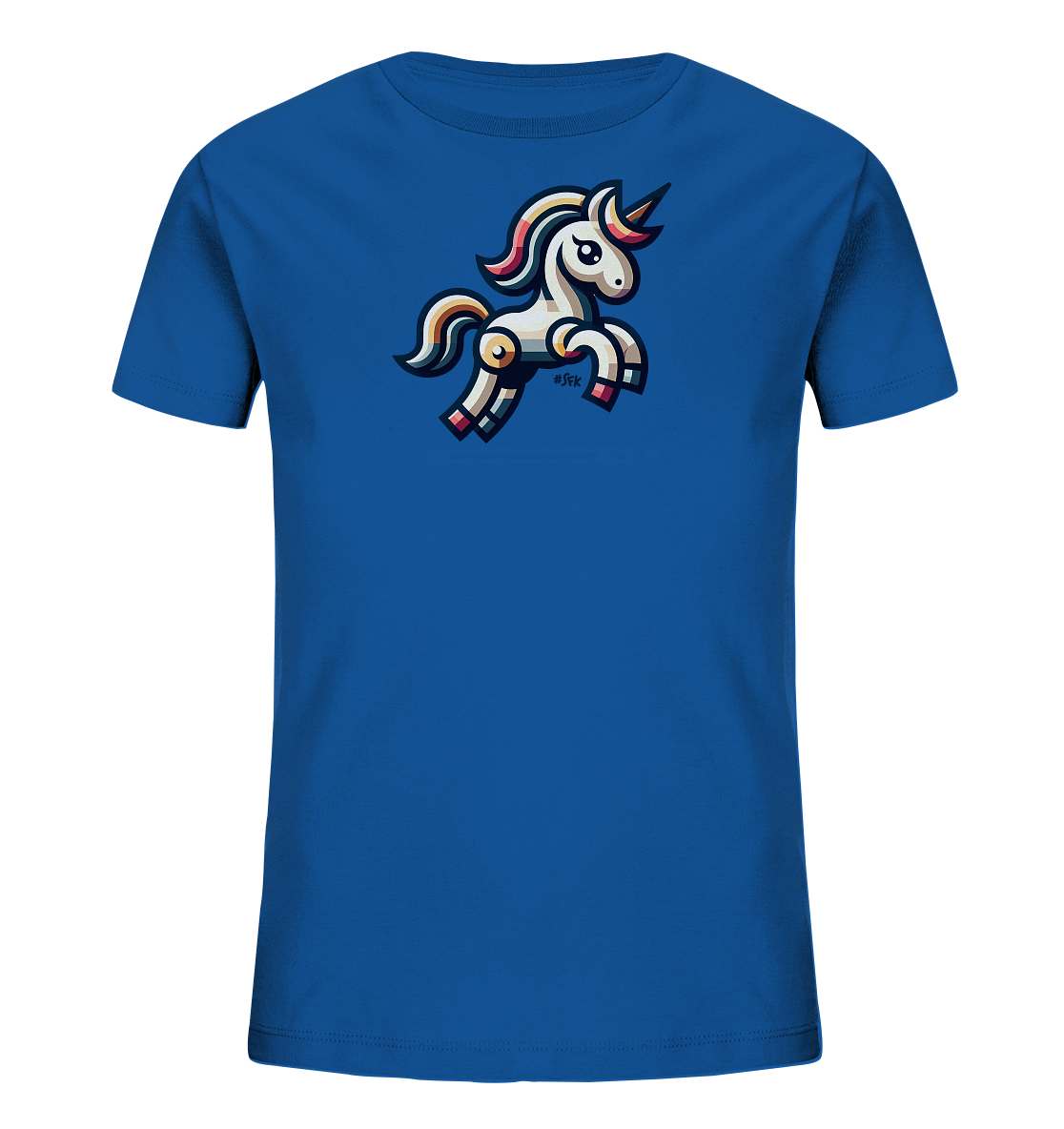 Onlineshop Shirts fuer Kinder - Das Bild zeigt ein blaues T-Shirt fuer Kinder mit einem farbenfrohen Einhorn-Motiv auf der Vorderseite. Das Einhorn ist in einem stilisierten, fast geometrischen Design dargestellt und hat eine bunte Maehne und einen passenden Schweif. Es scheint gerade zu springen oder zu galoppieren. Das Motiv wirkt verspielt und ansprechend.