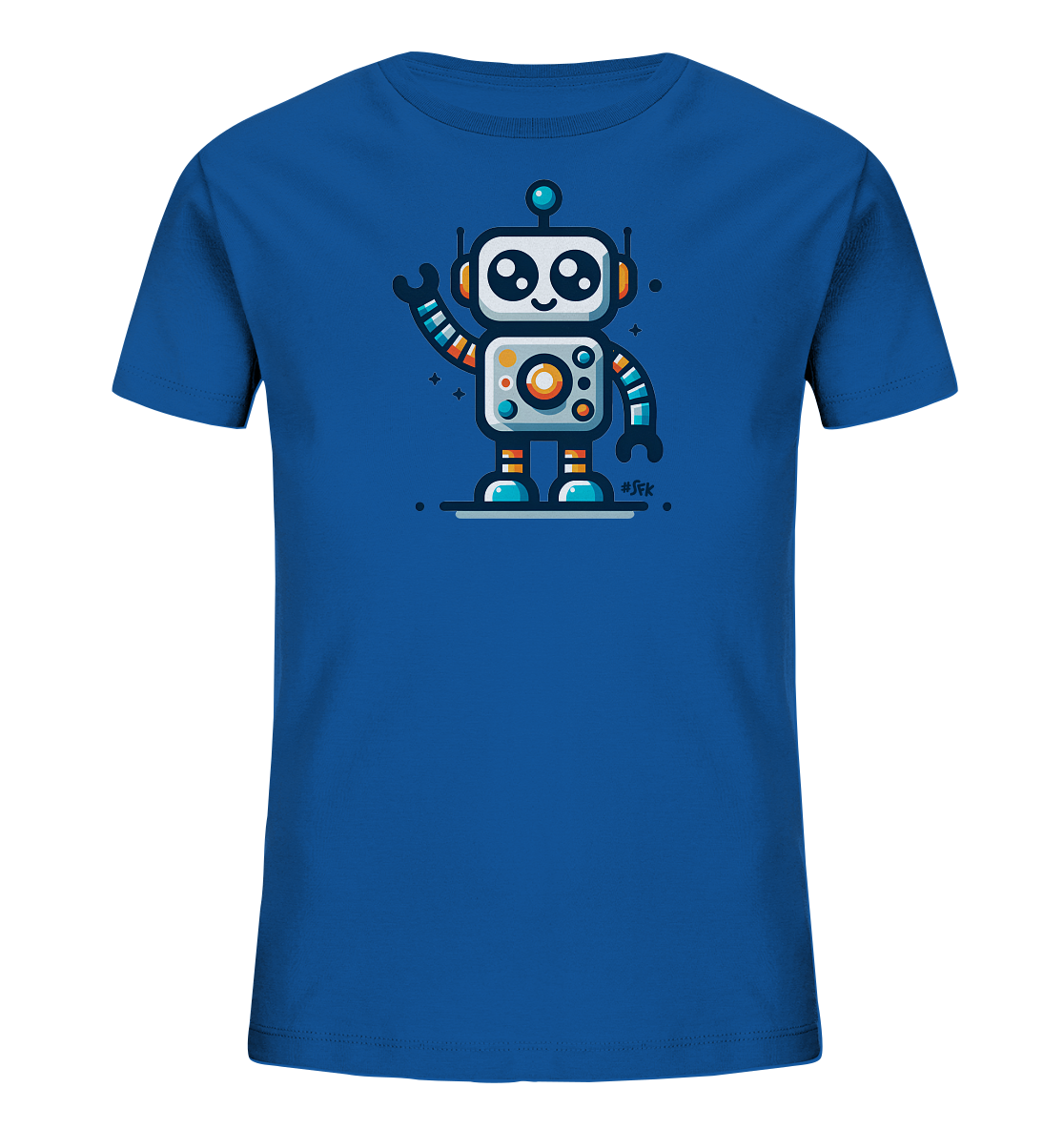 Onlineshop Shirts fuer Kinder - Ein leuchtend blaues Kinder-T-Shirt wird praesentiert. Auf der Vorderseite ist eine farbenfrohe, cartoonartige Roboterillustration zu sehen. Der Roboter hat grosse Augen, eine Antenne und detailreiche Gliedmassen in Orange, Blau und Weiss. Das Design wirkt froehlich und ist gut fuer Kinder geeignet.