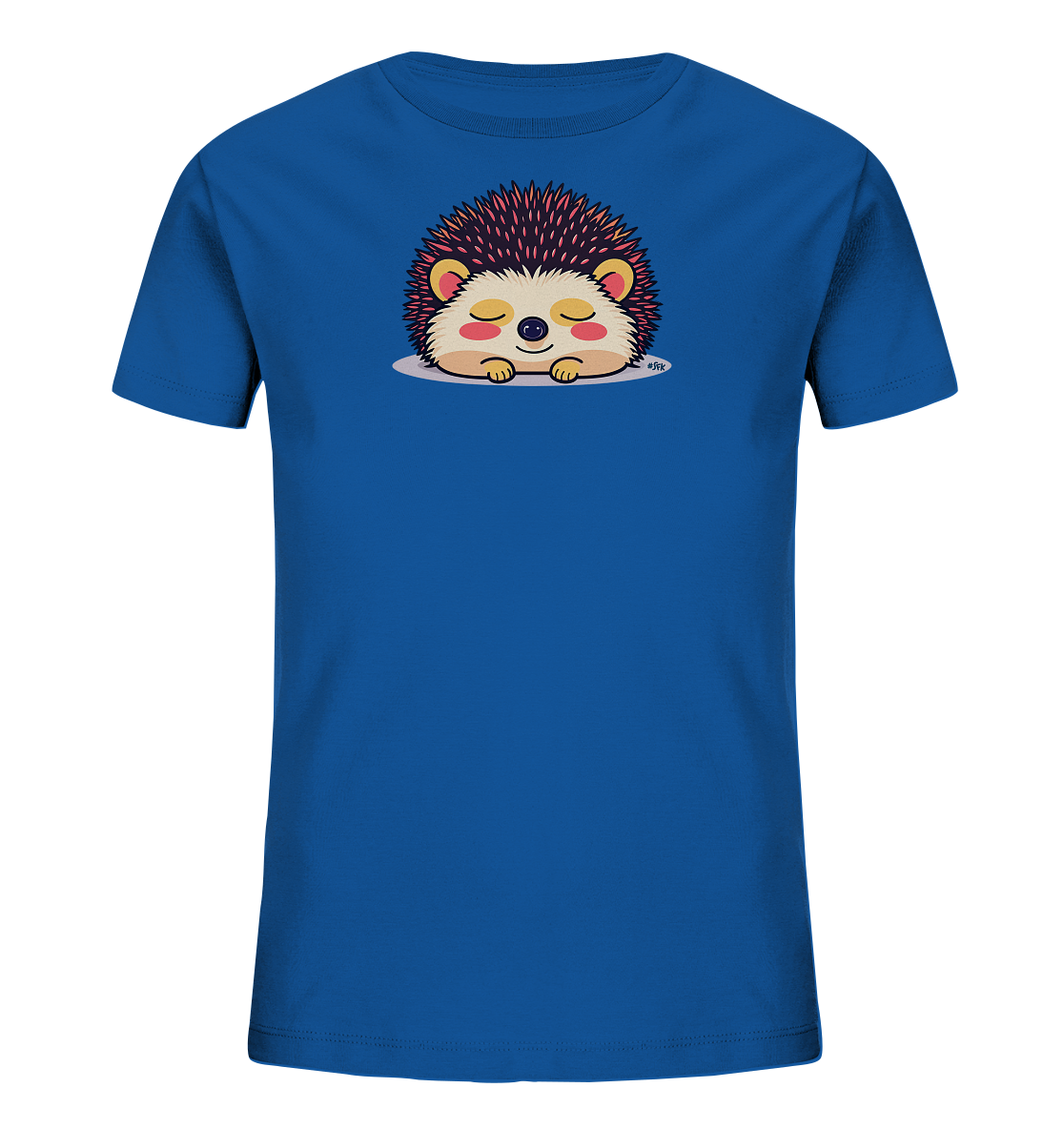 Onlineshop Shirts fuer Kinder - Das Bild zeigt ein koenigsblaues Kinder-T-Shirt mit einem niedlichen Igel-Motiv auf der Vorderseite. Der Igel ist schlafend oder ruhend dargestellt, mit geschlossenen Augen und einem sanften Ausdruck. Seine Stacheln sind dunkel mit roetlichen Spitzen, und sein Koerper ist hellbeige. Das Design verleiht dem Shirt einen ruhigen und freundlichen Charakter.