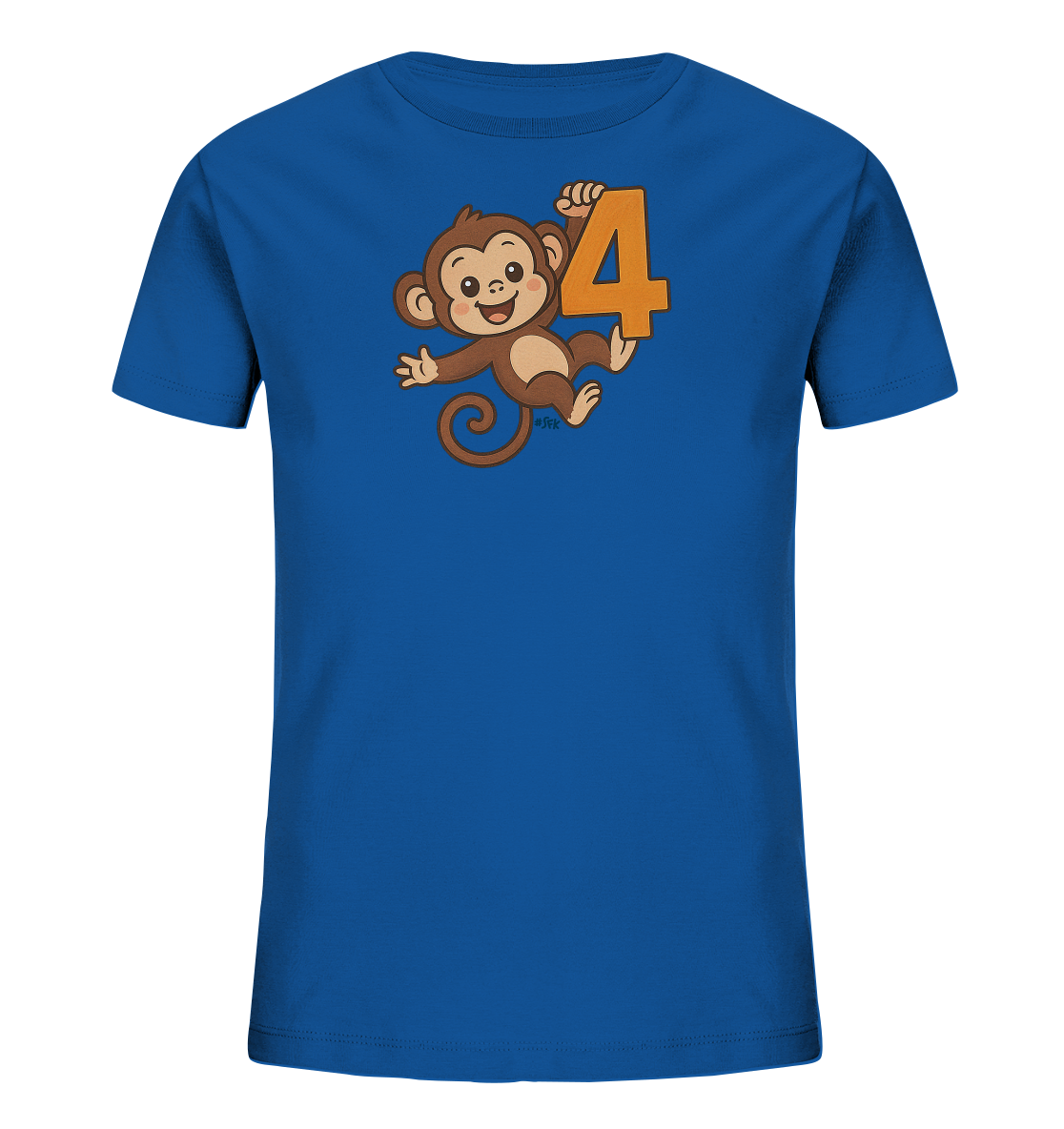 Onlineshop Shirts fuer Kinder - Das Bild zeigt ein blaues T-Shirt fuer Kinder. Auf der Vorderseite ist eine froehliche Cartoon-Grafik eines Affen zu sehen. Der Affe haelt die grosse Zahl '4'. Das Design wirkt verspielt und eignet sich gut fuer kleine Affenfreunde.