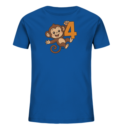 Onlineshop Shirts fuer Kinder - Das Bild zeigt ein blaues T-Shirt fuer Kinder. Auf der Vorderseite ist eine froehliche Cartoon-Grafik eines Affen zu sehen. Der Affe haelt die grosse Zahl '4'. Das Design wirkt verspielt und eignet sich gut fuer kleine Affenfreunde.
