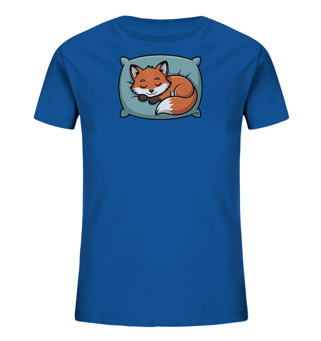 Onlineshop Shirts fuer Kinder - Das Bild zeigt ein blaues Kinder-T-Shirt mit einem niedlichen Motiv eines schlafenden Fuchses. Der Fuchs liegt eingerollt auf einem hellblauen Kissen und hat die Augen geschlossen. Seine Fellfarbe ist orange mit weissen Akzenten an Bauch und Schwanzspitze. Das Design wirkt ruhig und ansprechend fuer Kinder.
