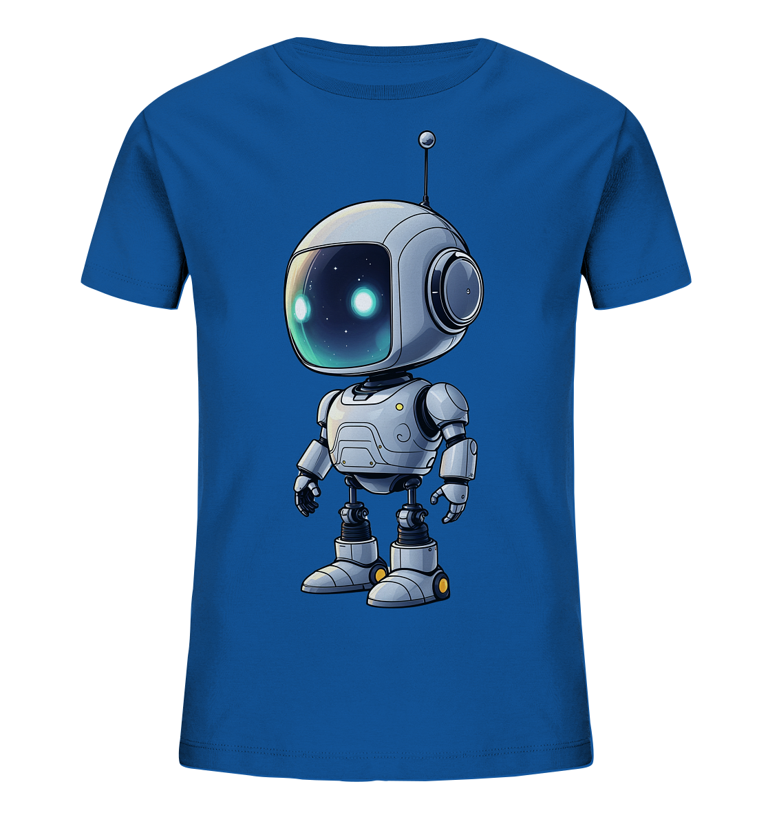 Onlineshop Shirts für Kinder - Das Bild zeigt ein blaues Kinder-T-Shirt mit einem Motiv eines freundlichen Roboters auf der Vorderseite. Der Roboter ist in Grau- und Silbertönen gehalten und besitzt einen großen runden Kopf mit einer transparenten Blase, die einen Sternenhimmel und helle Augen zeigt. Er hat bewegliche Arme und Beine sowie eine Antenne auf dem Kopf. Das Design wirkt detailreich und futuristisch, ideal für kleine Weltraum- oder Roboterfans.