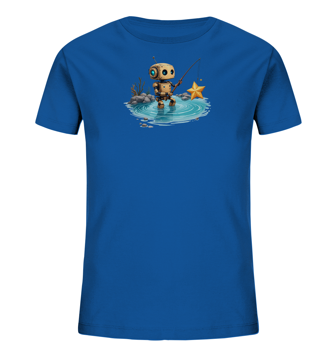 Onlineshop Shirts für Kinder - Dieses Bild zeigt ein blaues Kinder-T-Shirt mit einem auffälligen Druck auf der Vorderseite. Das Motiv stellt einen kleinen, charmanten Roboter dar, der in einem flachen Gewässer steht und mit einer Angel nach einem leuchtend goldenen Stern fischt. Die Szene ist umgeben von kleinen Steinen und angedeuteter Vegetation, was eine märchenhafte Atmosphäre schafft. Die Illustration im Cartoon-Stil wirkt freundlich und fantasievoll, ideal für neugierige Kinder.