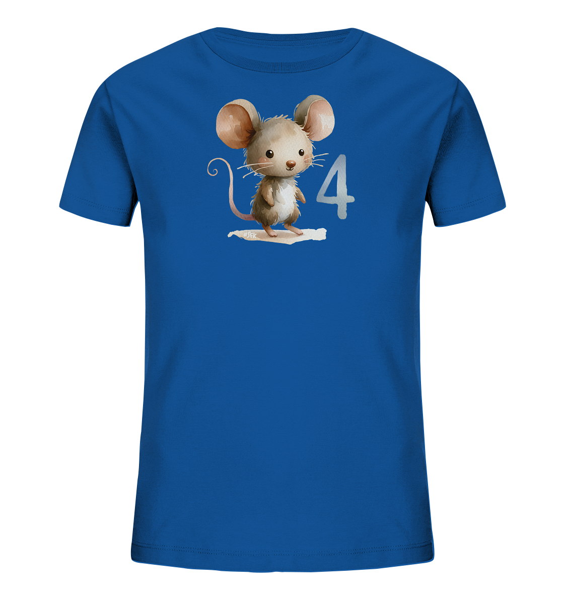Onlineshop Shirts fuer Kinder - Das Bild zeigt ein leuchtend blaues T-Shirt fuer Kinder. Auf der Vorderseite ist eine niedliche, cartoonartige Maus mit grossen Ohren abgebildet, die auf einem hellen Fleck steht. Direkt daneben befindet sich die Zahl '4' in heller Schrift. Das Design wirkt verspielt und ansprechend fuer Kinder.