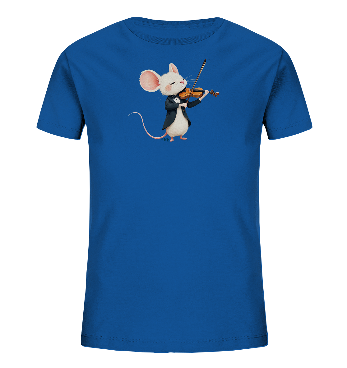 Onlineshop Shirts fuer Kinder - Das Bild zeigt ein leuchtend blaues Kinder-T-Shirt mit einer charmanten Illustration. Darauf ist eine weisse Maus in einem schwarzen Anzug zu sehen, die konzentriert Geige spielt. Die Maus hat grosse rosafarbene Ohren und geschlossene Augen, was einen liebevollen Ausdruck verleiht. Das Design ist verspielt und musikalisch.