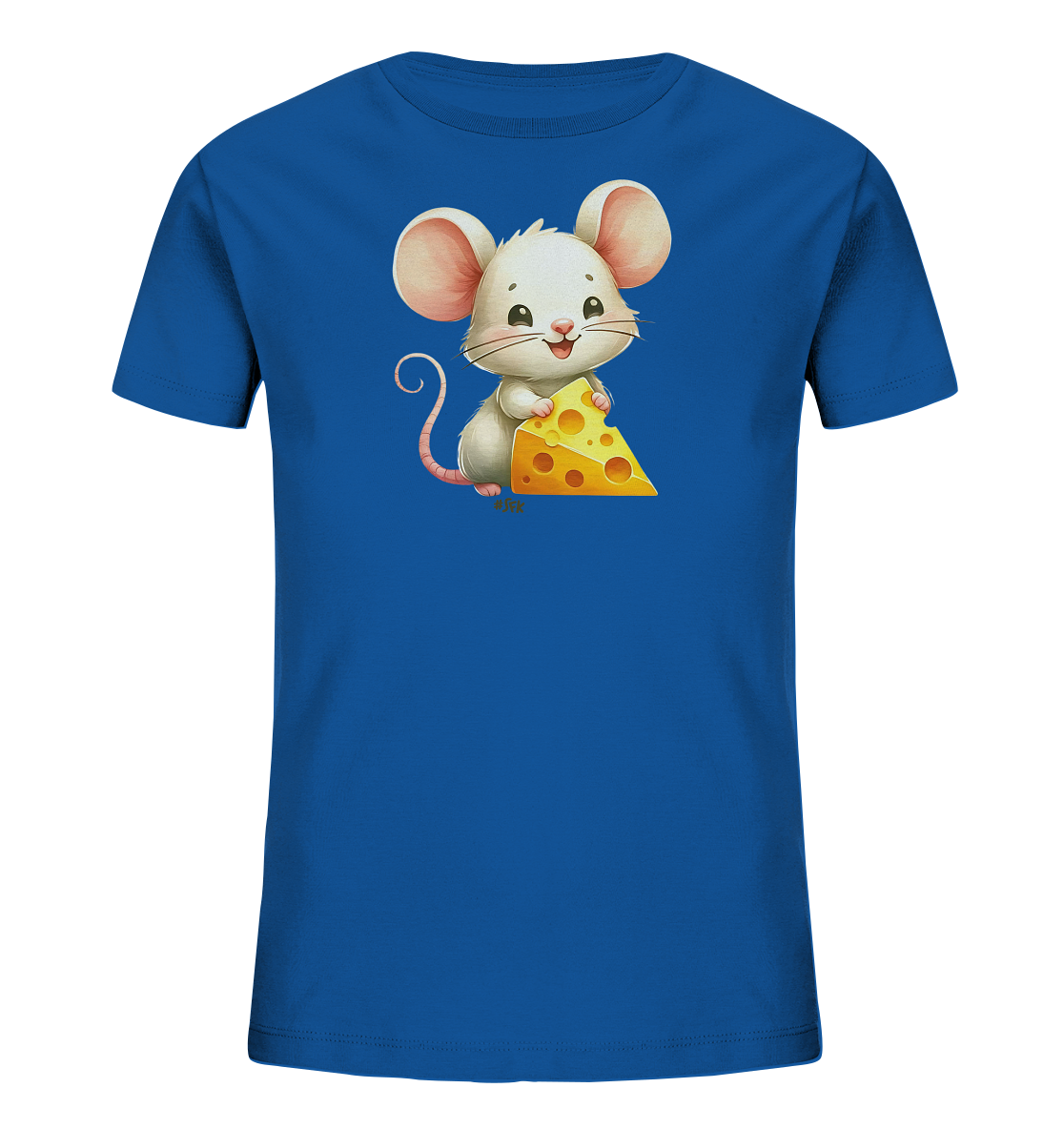Onlineshop Shirts fuer Kinder - Das Bild zeigt ein blaues Kinder-T-Shirt mit einer niedlichen Cartoon-Maus auf der Vorderseite. Die weisse Maus hat grosse Ohren und ein freundliches Laecheln. Sie haelt ein grosses Stueck gelben Kaese fest in ihren Pfoten. Dieses verspielte Motiv ist ideal fuer kleine Tierliebhaber.