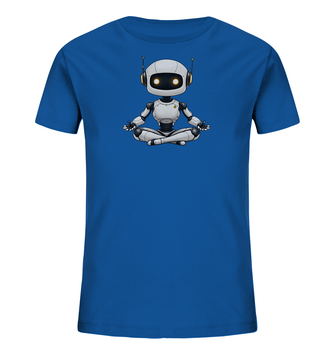 Onlineshop Shirts für Kinder - Das Bild zeigt ein blaues Kinder-T-Shirt mit einem zentralen Motiv auf der Vorderseite. Das Motiv stellt einen kleinen, weißen Roboter dar, der in einer Meditationspose mit gekreuzten Beinen sitzt. Der Roboter hat große schwarze Augen mit leuchtend gelben Pupillen und trägt Kopfhörer oder Antennen am Kopf. Dieses Design verleiht dem Shirt einen ruhigen, aber verspielten Ausdruck, der für Kinder ansprechend sein kann.