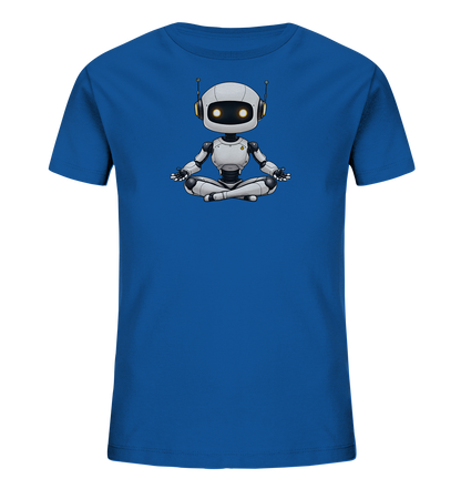 Onlineshop Shirts für Kinder - Das Bild zeigt ein blaues Kinder-T-Shirt mit einem zentralen Motiv auf der Vorderseite. Das Motiv stellt einen kleinen, weißen Roboter dar, der in einer Meditationspose mit gekreuzten Beinen sitzt. Der Roboter hat große schwarze Augen mit leuchtend gelben Pupillen und trägt Kopfhörer oder Antennen am Kopf. Dieses Design verleiht dem Shirt einen ruhigen, aber verspielten Ausdruck, der für Kinder ansprechend sein kann.