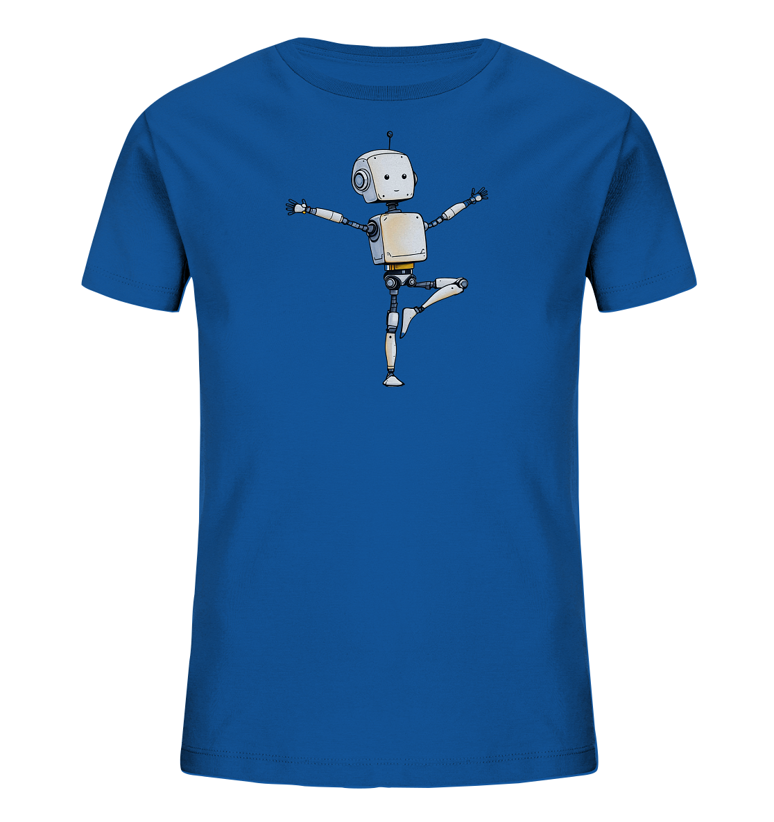 Onlineshop Shirts für Kinder - Das Bild zeigt ein kräftig blaues Kinder-T-Shirt. Auf der Vorderseite ist eine niedliche Illustration eines Roboters im Cartoon-Stil abgebildet. Der Roboter steht auf einem Bein und streckt die Arme zur Seite aus, als würde er tanzen oder balancieren. Die Illustration ist detailreich gezeichnet und verleiht dem Shirt einen verspielten und lustigen Look, der gut für Kinder geeignet ist.