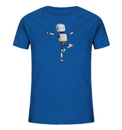 Onlineshop Shirts für Kinder - Das Bild zeigt ein kräftig blaues Kinder-T-Shirt. Auf der Vorderseite ist eine niedliche Illustration eines Roboters im Cartoon-Stil abgebildet. Der Roboter steht auf einem Bein und streckt die Arme zur Seite aus, als würde er tanzen oder balancieren. Die Illustration ist detailreich gezeichnet und verleiht dem Shirt einen verspielten und lustigen Look, der gut für Kinder geeignet ist.