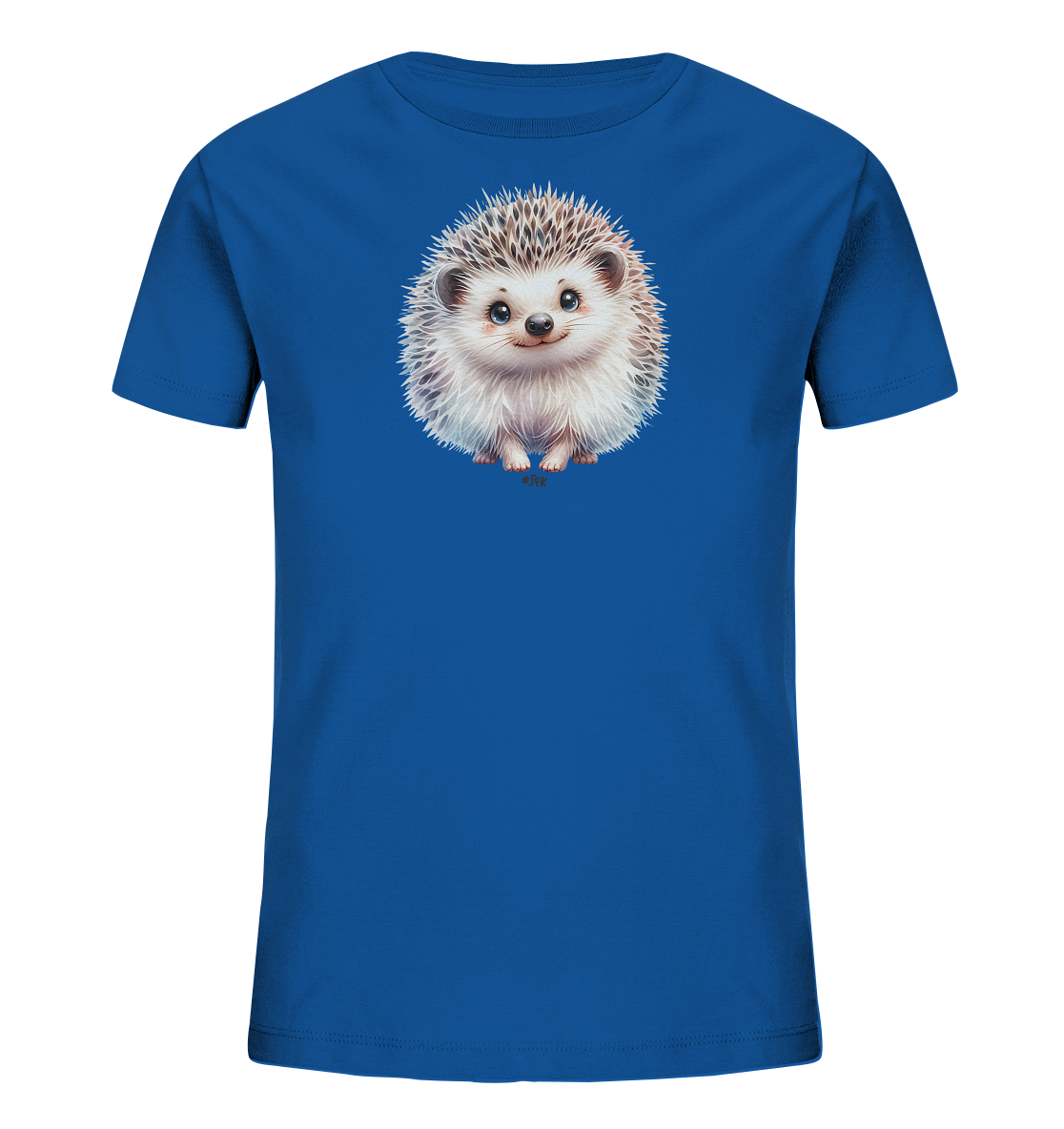 Onlineshop Shirts fuer Kinder - Dieses leuchtend blaue T-Shirt fuer Kinder zeigt eine niedliche Illustration eines kleinen Igels. Der Igel ist flauschig dargestellt, hat grosse, freundliche Augen und sitzt in der Mitte des Shirts. Sein Laecheln verleiht dem Motiv einen sympathischen Ausdruck. Das Design ist schlicht und fokussiert sich auf das Tierbild.