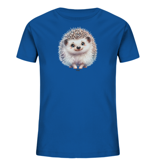 Onlineshop Shirts fuer Kinder - Dieses leuchtend blaue T-Shirt fuer Kinder zeigt eine niedliche Illustration eines kleinen Igels. Der Igel ist flauschig dargestellt, hat grosse, freundliche Augen und sitzt in der Mitte des Shirts. Sein Laecheln verleiht dem Motiv einen sympathischen Ausdruck. Das Design ist schlicht und fokussiert sich auf das Tierbild.