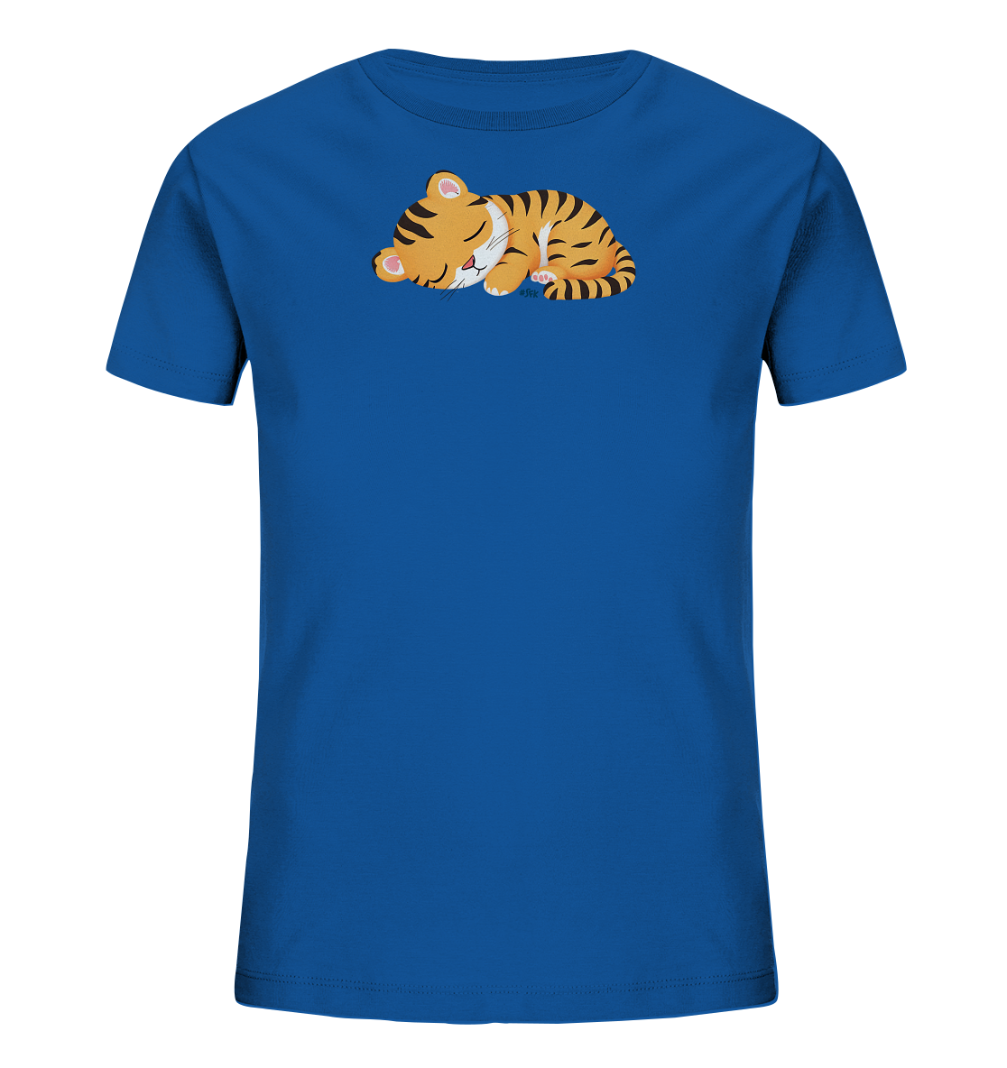 Onlineshop Shirts fuer Kinder - Das Bild zeigt ein koenigsblaues Kinder-T-Shirt. Auf der Vorderseite ist eine niedliche Illustration eines schlafenden Baby-Tigers abgebildet. Der kleine Tiger liegt zusammengerollt, orange mit schwarzen Streifen, und hat die Augen geschlossen. Das Motiv verleiht dem Shirt einen verspielten und beruhigenden Charakter.