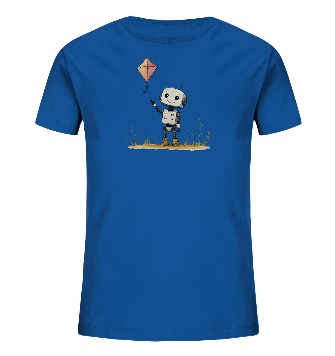 Onlineshop Shirts für Kinder - Das Bild zeigt ein leuchtend blaues Kinder-T-Shirt. Auf der Vorderseite ist eine niedliche Grafik eines kleinen, lächelnden Roboters abgebildet. Der Roboter hält einen orangefarbenen Drachen an einer Schnur fest. Er steht auf einem Bereich, der Gras und trockene Pflanzen darstellt, was dem Motiv eine natürliche Note verleiht.