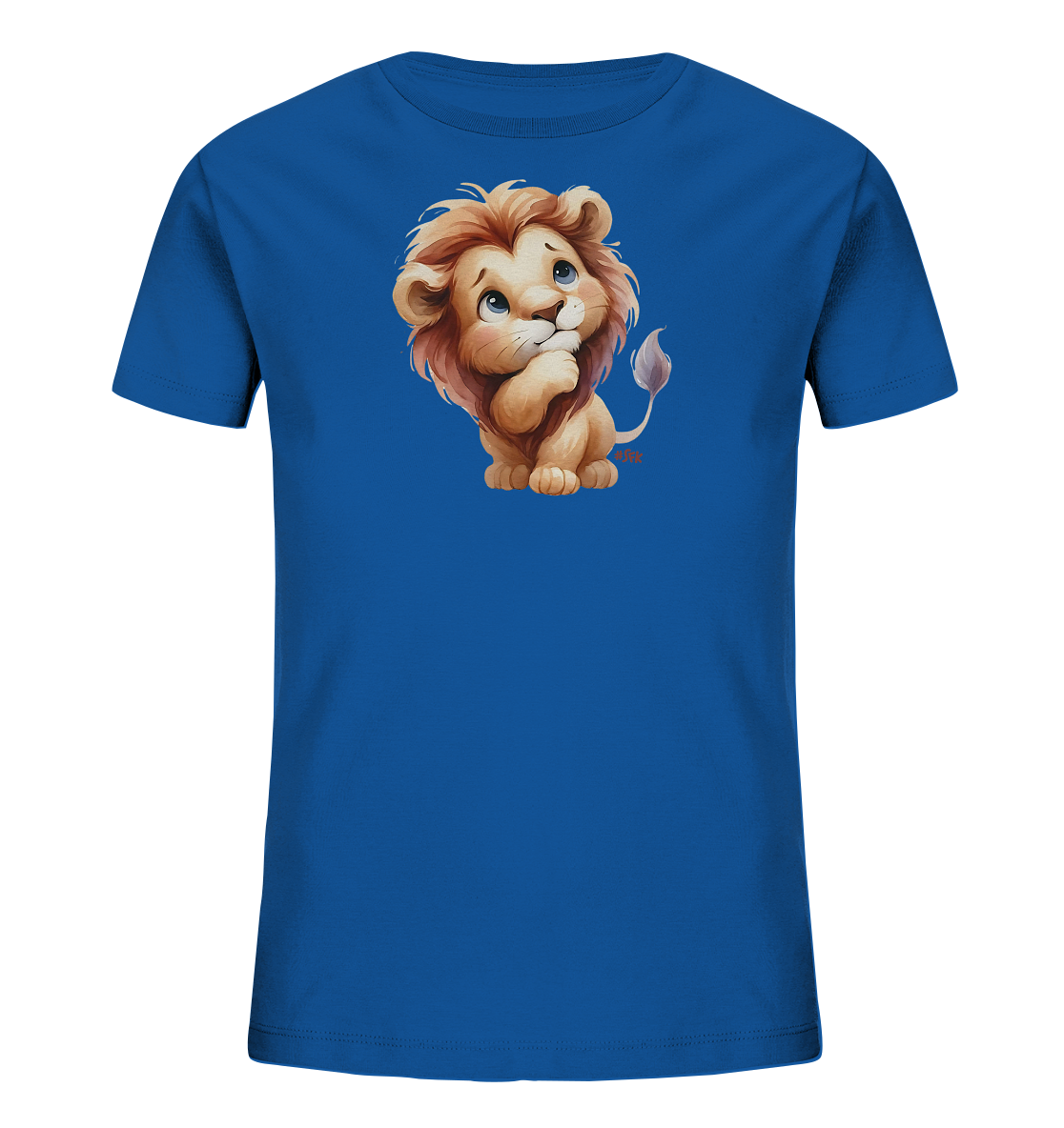 Kinder T-Shirt mit nachdenklichem Cartoon-Löwen und großen blauen Augen