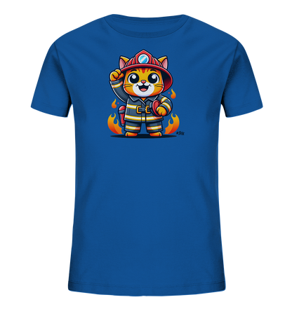 Kinder T-Shirt mit eine winkende Cartoon-Katze als Feuerwehrfigur mit Helm und Uniform
