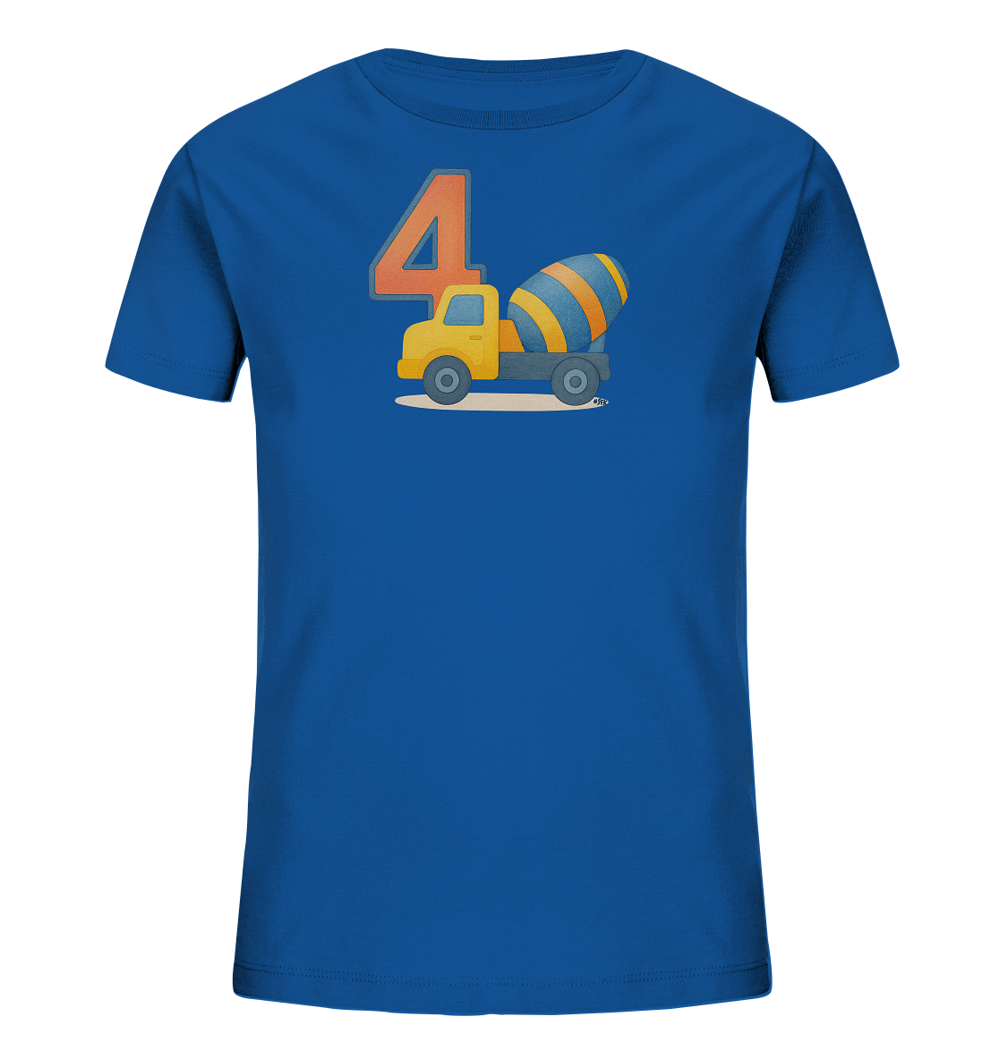 Onlineshop Shirts fuer Kinder - Das Bild zeigt ein blaues Kinder-T-Shirt mit einem Motiv auf der Vorderseite. Es ist die Zahl '4' in Orange abgebildet, daneben ein gelber Betonmischer-LKW. Der Mischer hat blaue und orange Streifen und steht auf einer hellen Flaeche. Das Design ist farbenfroh und verspielt.