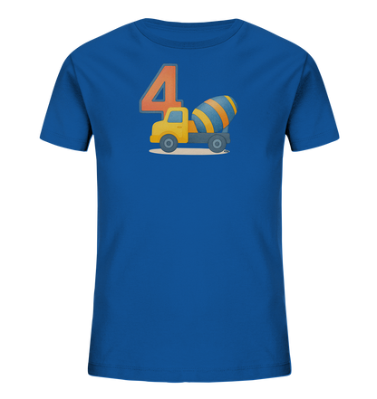 Onlineshop Shirts fuer Kinder - Das Bild zeigt ein blaues Kinder-T-Shirt mit einem Motiv auf der Vorderseite. Es ist die Zahl '4' in Orange abgebildet, daneben ein gelber Betonmischer-LKW. Der Mischer hat blaue und orange Streifen und steht auf einer hellen Flaeche. Das Design ist farbenfroh und verspielt.