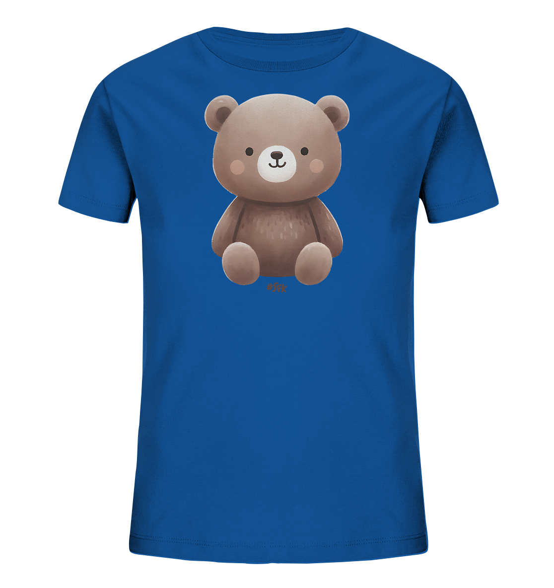 Onlineshop Shirts fuer Kinder - Das Bild zeigt ein leuchtend blaues T-Shirt fuer Kinder. Auf der Vorderseite ist eine niedliche Illustration eines sitzenden Teddybaeren zu sehen. Der Baer hat hellbraunes Fell, grosse Ohren und ein freundliches Laecheln mit rosa Wangen. Das Design ist charmant und verspielt, perfekt fuer Kinderkleidung.