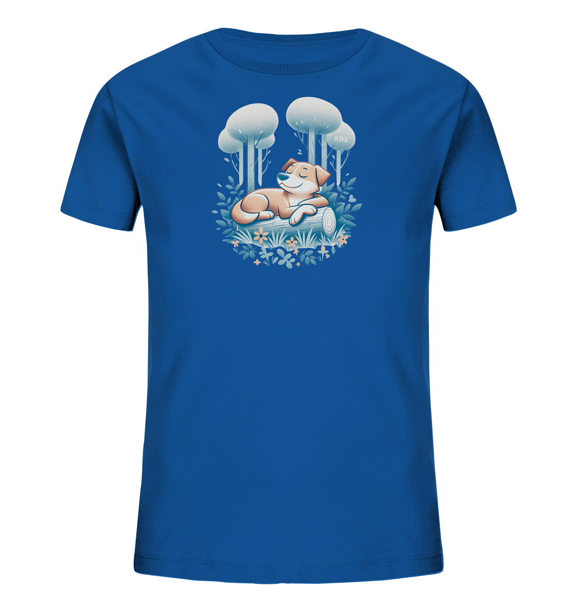 Onlineshop Shirts fuer Kinder - Das Bild zeigt ein blaues Kinder-T-Shirt mit einer Illustration auf der Vorderseite. Die Illustration zeigt einen friedlich schlafenden Hund, der auf einem Baumstamm liegt. Um den Stamm herum wachsen Pflanzen und kleine Blumen. Im Hintergrund sind stilisierte Baeume und ein Wald angedeutet, was eine ruhige Szene darstellt.