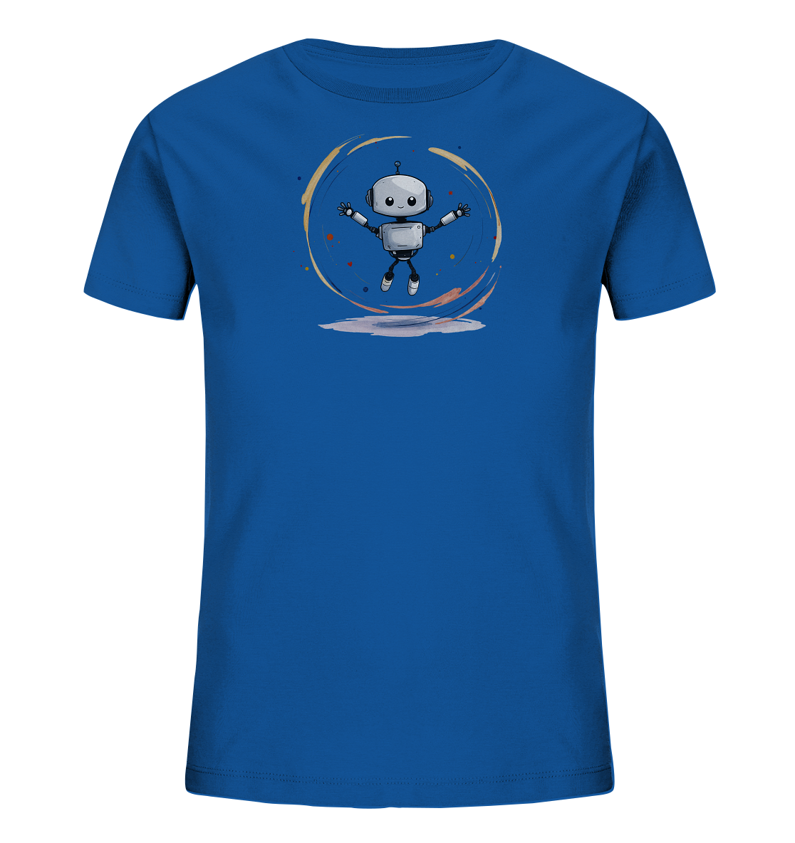 Onlineshop Shirts für Kinder - Das Bild zeigt ein blaues T-Shirt für Kinder, bedruckt mit einer Grafik eines kleinen, freundlichen Roboters. Der Roboter springt freudig in die Luft, umgeben von einem dynamischen Kreis aus farbigen Spritzern und Linien. Dieses Design verleiht dem Shirt einen verspielten und modernen Charakter, der Technik und Bewegung vereint. Die klaren Linien des Roboters und die abstrakten Elemente des Kreises bilden einen ansprechenden Kontrast auf dem blauen Stoff.