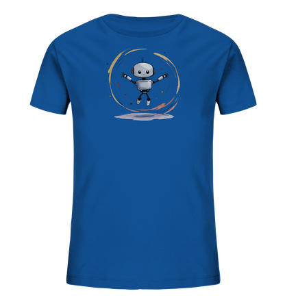 Onlineshop Shirts für Kinder - Das Bild zeigt ein blaues T-Shirt für Kinder, bedruckt mit einer Grafik eines kleinen, freundlichen Roboters. Der Roboter springt freudig in die Luft, umgeben von einem dynamischen Kreis aus farbigen Spritzern und Linien. Dieses Design verleiht dem Shirt einen verspielten und modernen Charakter, der Technik und Bewegung vereint. Die klaren Linien des Roboters und die abstrakten Elemente des Kreises bilden einen ansprechenden Kontrast auf dem blauen Stoff.