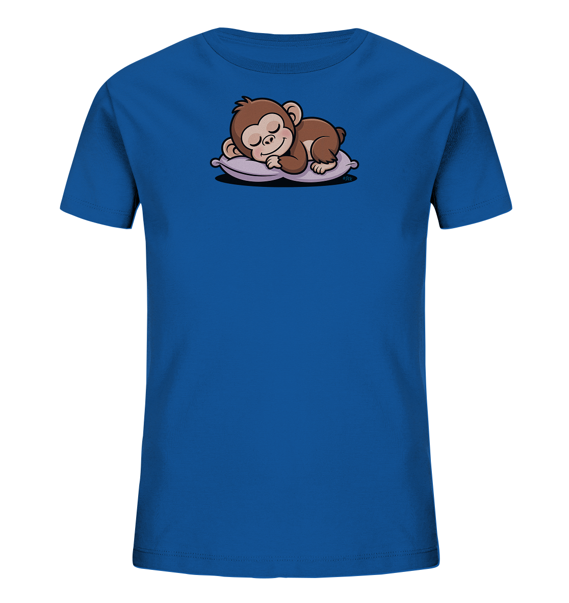 Onlineshop Shirts fuer Kinder - Das Bild zeigt ein blaues T-Shirt fuer Kinder, das auf der Vorderseite ein suesses Motiv eines schlafenden Affen aufweist. Der Affe liegt friedlich auf einem lilafarbenen Kissen, die Augen geschlossen. Die Illustration ist in braunen und violetten Farbtoenen gehalten und verleiht dem Shirt einen gemuetlichen Charakter. Das T-Shirt ist schlicht und einfarbig.