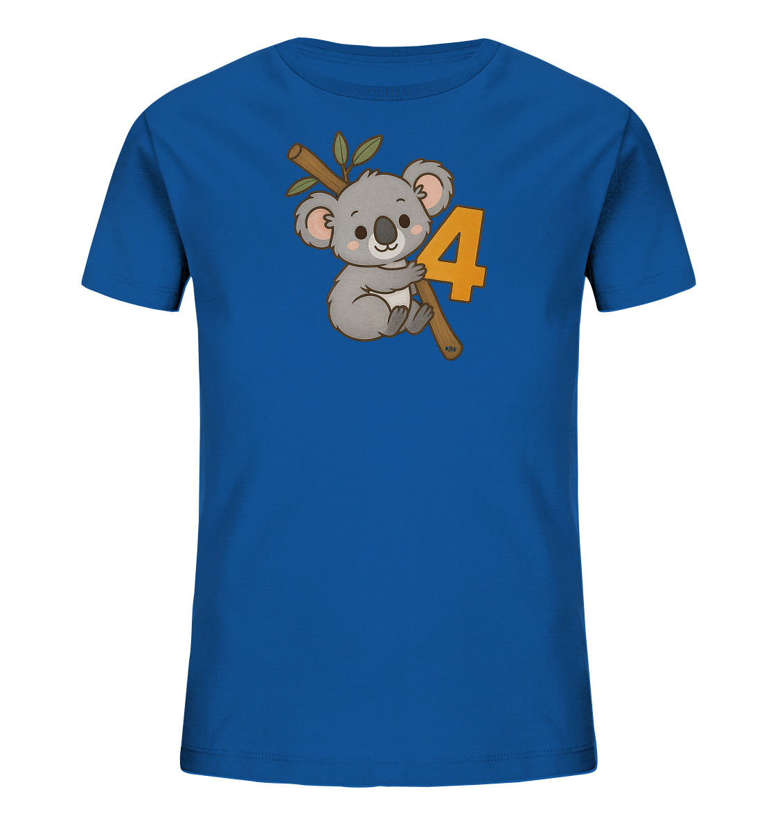 Onlineshop Shirts fuer Kinder - Das Bild zeigt ein blaues Kinder-T-Shirt mit einem niedlichen Druck auf der Vorderseite. Ein cartoonartiger Koala klammert sich an einen Ast. Neben dem Koala ist die Zahl '4' in einem warmen Orangeton abgebildet. Das Design wirkt verspielt und froehlich, ideal fuer ein Kinder-T-Shirt.
