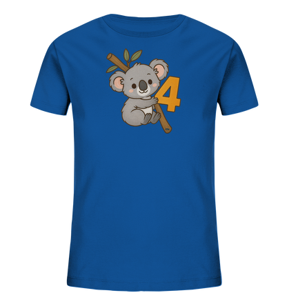 Onlineshop Shirts fuer Kinder - Das Bild zeigt ein blaues Kinder-T-Shirt mit einem niedlichen Druck auf der Vorderseite. Ein cartoonartiger Koala klammert sich an einen Ast. Neben dem Koala ist die Zahl '4' in einem warmen Orangeton abgebildet. Das Design wirkt verspielt und froehlich, ideal fuer ein Kinder-T-Shirt.