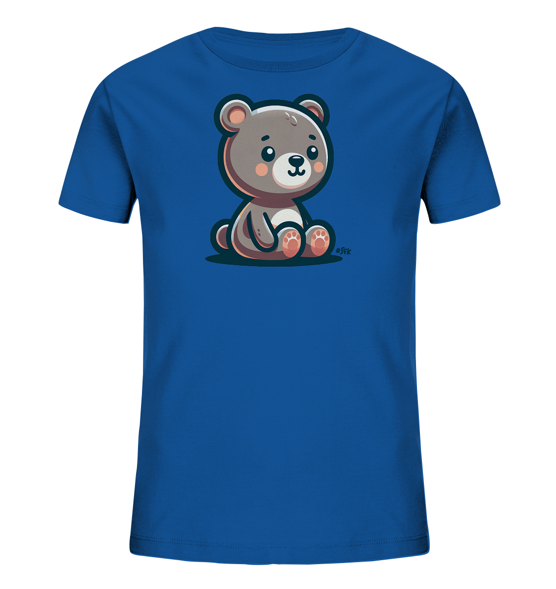 Onlineshop Shirts fuer Kinder - Dieses T-Shirt in einem leuchtenden Blau zeigt eine Illustration eines kleinen, sitzenden Cartoon-Baeren. Der Baer ist grau gefaerbt, mit rosa Wangen und Pfoten, und hat einen freundlichen Ausdruck. Das Motiv ist mittig auf der Vorderseite des Shirts platziert. Es handelt sich um ein einfaches, aber ansprechendes Design.