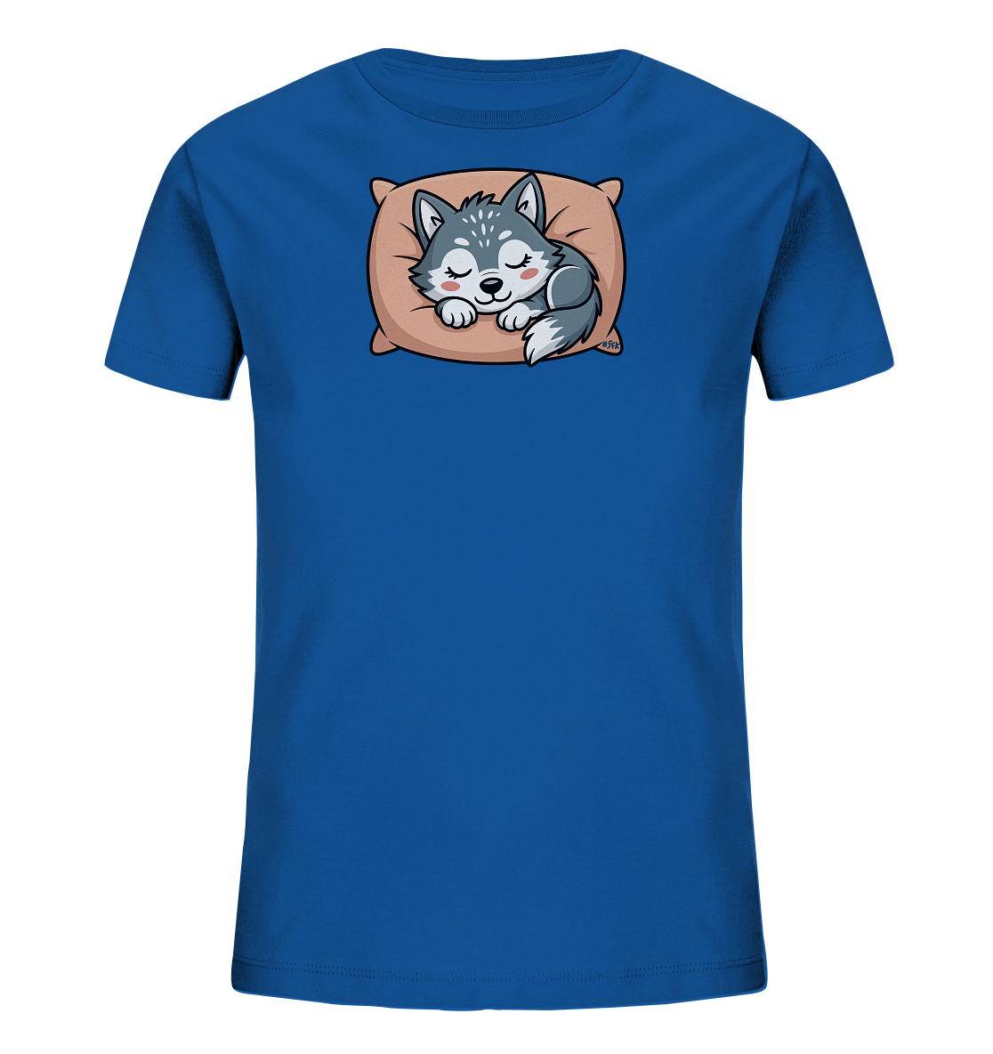 Onlineshop Shirts fuer Kinder - Das Bild zeigt ein leuchtend blaues Kinder-T-Shirt. Auf der Vorderseite ist eine niedliche, schlafende Wolfs- oder Husky-Welpe-Illustration zu sehen. Der Welpe liegt friedlich auf einem hellbraunen Kissen, mit geschlossenen Augen und rosa Wangen. Das Motiv wirkt beruhigend und ist ansprechend gestaltet.