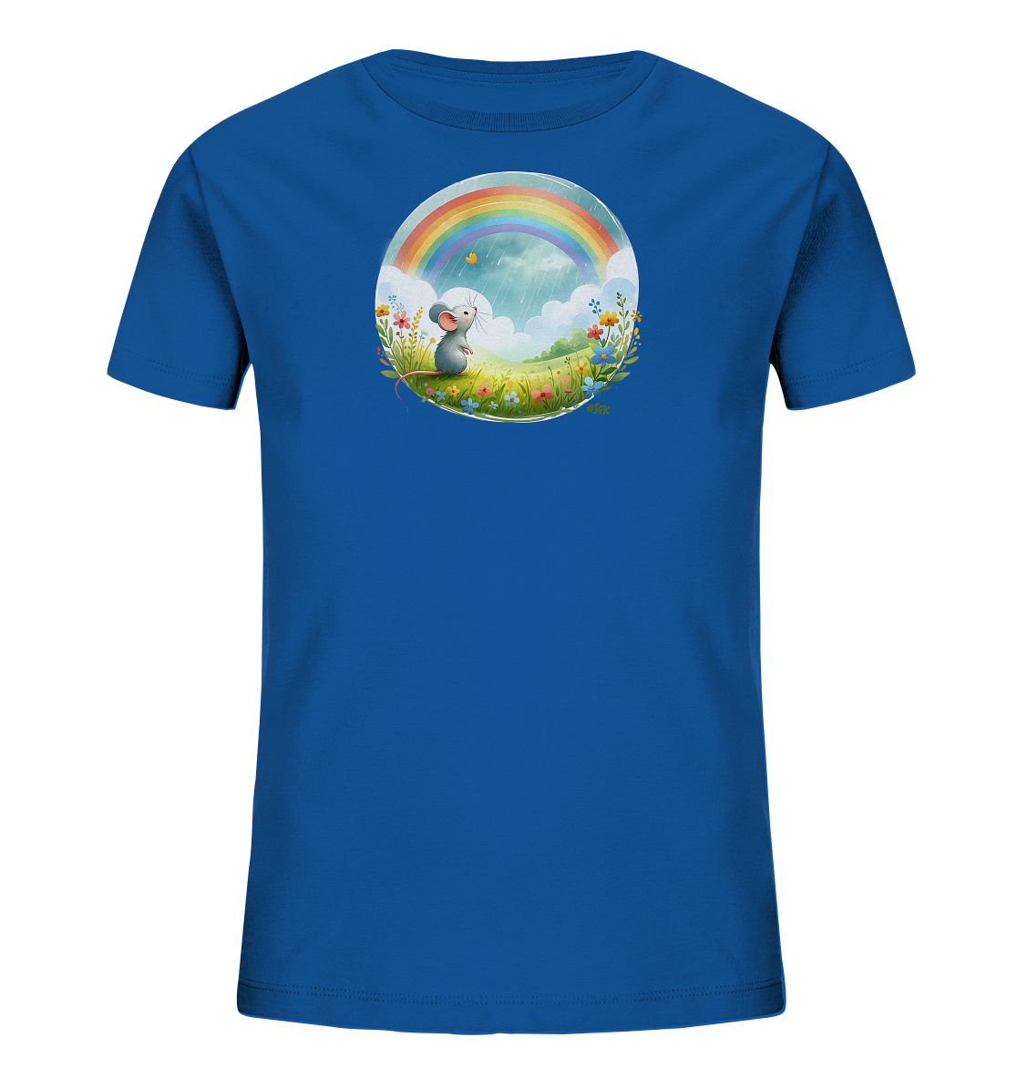 Onlineshop Shirts fuer Kinder - Dieses blaue Kinder-T-Shirt zeigt auf der Vorderseite eine runde Grafik. Das Motiv stellt eine kleine Maus auf einer Blumenwiese dar, die zu einem Regenbogen in einem bewoelkten Himmel aufblickt. Ein kleiner Schmetterling ergaenzt die Szene. Das Design ist farbenfroh und detailreich gestaltet.