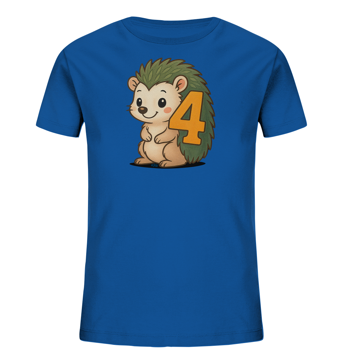Onlineshop Shirts fuer Kinder - Dieses blaue T-Shirt fuer Kinder zeigt eine charmante Grafik eines freundlichen Igels. Der Igel hat gruene Stacheln, auf denen prominent die Zahl 4 in Orange abgebildet ist. Das verspielte Design ist ansprechend und fuer Kinder geeignet.