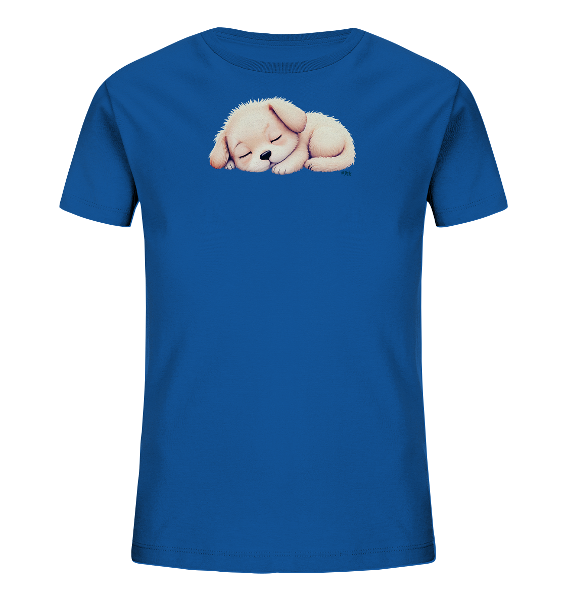 Onlineshop Shirts fuer Kinder - Das Bild zeigt ein koenigsblaues Kinder-T-Shirt. Auf der Vorderseite ist ein niedliches, hellbeige Welpenmotiv abgebildet. Der Welpe liegt zusammengerollt und schlaeft friedlich, mit geschlossenen Augen. Das Design wirkt sehr beruhigend und suess, ideal fuer Kinder.