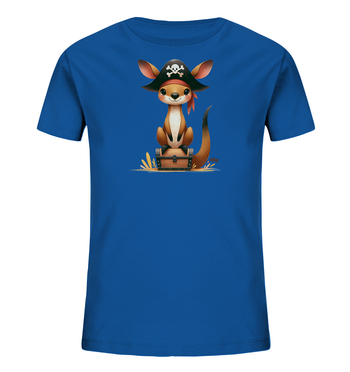 Onlineshop Shirts fuer Kinder - Das Bild zeigt ein blaues Kinder-T-Shirt mit einer Illustration eines Kaengurus. Das Kaenguru sitzt auf einer Truhe und traegt einen Piratenhut mit Totenkopfmotiv sowie ein rotes Bandana. Das Design ist verspielt und farbenfroh, ideal fuer kleine Abenteurer auf Schatzsuche.