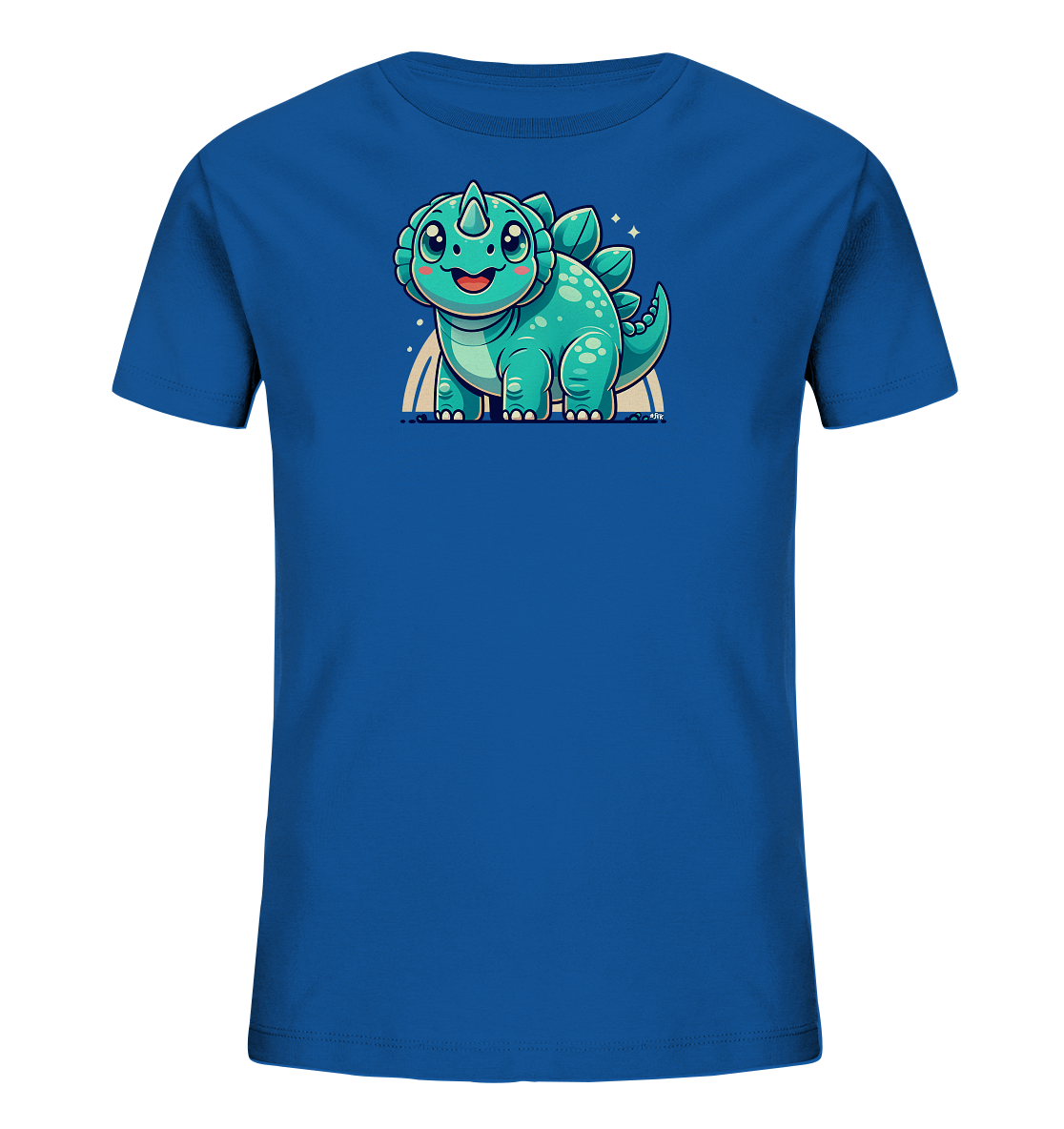 Onlineshop Shirts fuer Kinder - Das Bild zeigt ein blaues Kinder-T-Shirt auf schwarzem Hintergrund. Auf der Vorderseite ist eine suesse, cartoonhafte Illustration eines Dinosauriers zu sehen. Der tuerkis-farbene Dinosaurier hat grosse Augen und laechelt freundlich. Hinter ihm sind ein dezenter Regenbogenbogen und kleine Sterne abgebildet.