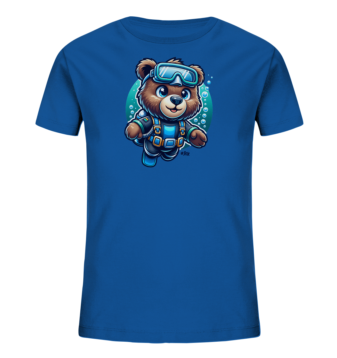Onlineshop Shirts fuer Kinder - Das blaue T-Shirt zeigt ein niedliches Motiv eines Baeren in Tauchausruestung. Der cartoonhafte Baer schwebt unter Wasser, umgeben von Blasen, vor einem kreisfoermigen Hintergrund. Das farbenfrohe Design wirkt froehlich und abenteuerlich.