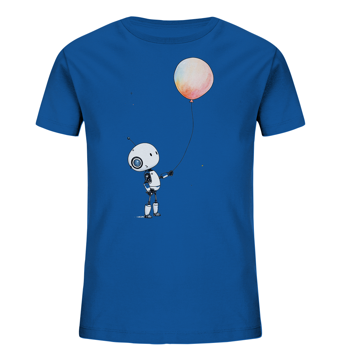 Onlineshop Shirts für Kinder - Das Bild zeigt ein blaues Kinder-T-Shirt, auf dem eine Illustration eines freundlichen, weißen Roboters zu sehen ist. Der Roboter hält die Schnur eines großen, runden Ballons fest, der in sanften Farbverläufen von Orange, Rosa und Gelb gestaltet ist. Kleine weiße Punkte sind im Hintergrund des Motivs verteilt und erinnern an Sterne oder Schimmer. Dieses Design verleiht dem Shirt eine verträumte und verspielte Note, die für Kinder ansprechend ist.