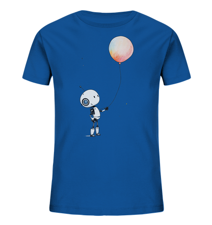 Onlineshop Shirts für Kinder - Das Bild zeigt ein blaues Kinder-T-Shirt, auf dem eine Illustration eines freundlichen, weißen Roboters zu sehen ist. Der Roboter hält die Schnur eines großen, runden Ballons fest, der in sanften Farbverläufen von Orange, Rosa und Gelb gestaltet ist. Kleine weiße Punkte sind im Hintergrund des Motivs verteilt und erinnern an Sterne oder Schimmer. Dieses Design verleiht dem Shirt eine verträumte und verspielte Note, die für Kinder ansprechend ist.