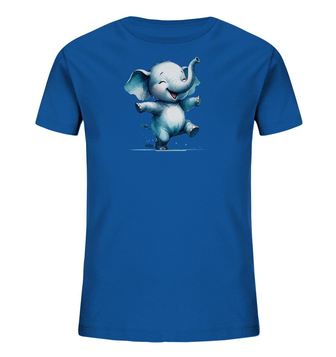 Onlineshop Shirts fuer Kinder - Dieses leuchtend blaue T-Shirt fuer Kinder zeigt eine Illustration eines tanzenden Elefanten. Der cartoonhafte Elefant hat ein breites Laecheln und die Arme weit ausgestreckt. Das Design wirkt sehr froehlich und dynamisch, ideal fuer aktive Kinder. Der Elefant in hellgrauen und blauen Toenen hebt sich gut vom blauen Hintergrund ab.