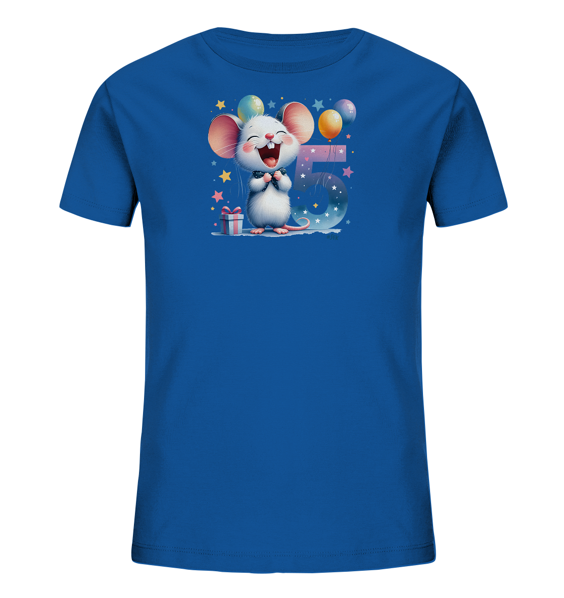Onlineshop Shirts fuer Kinder - Das Bild zeigt ein blaues Kinder-T-Shirt mit einem froehlichen Motiv auf der Vorderseite. Eine lachende Cartoon-Maus mit Fliege steht vor einer grossen Zahl Fuenf, die mit Sternen gefuellt ist. Das Design umfasst zudem bunte Ballons, weitere Sterne und ein kleines Geschenk, was auf einen Geburtstag fuer Fuenfjaehrige hindeutet.