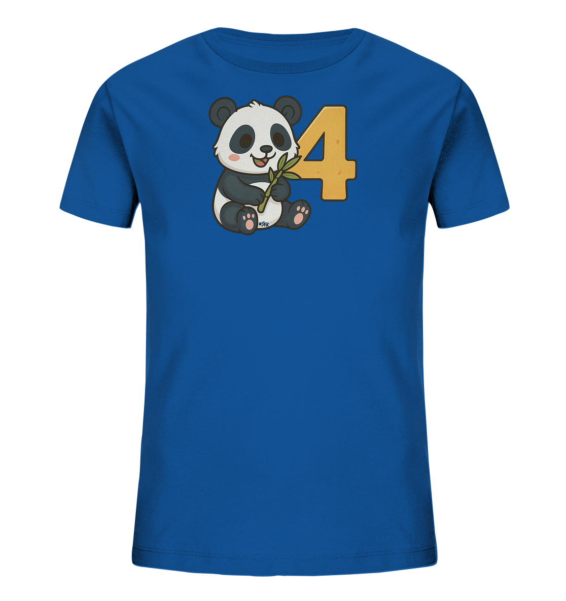 Onlineshop Shirts fuer Kinder - Das Bild zeigt ein blaues T-Shirt fuer Kinder mit einem niedlichen Panda-Motiv auf der Vorderseite. Der Cartoon-Panda sitzt gemuetlich und haelt einen Bambuszweig in den Pfoten. Direkt neben dem Panda ist die grosse Zahl '4' in einem warmen Orangeton abgebildet. Das Design wirkt freundlich und verspielt.