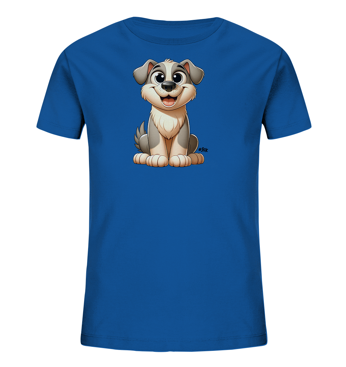 Onlineshop Shirts fuer Kinder - Das Bild zeigt ein leuchtend blaues Kinder-T-Shirt mit einer suessen Illustration eines cartoonhaften Hundes auf der Vorderseite. Der Hund hat graues und beiges Fell, sitzt aufrecht und laechelt freundlich mit grossen Augen. Die detailreiche und farbenfrohe Grafik ist zentral auf dem Shirt platziert. Das T-Shirt ist schlicht geschnitten mit einem Rundhalsausschnitt.
