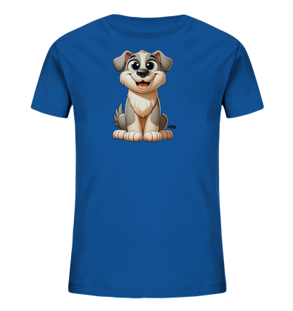 Onlineshop Shirts fuer Kinder - Das Bild zeigt ein leuchtend blaues Kinder-T-Shirt mit einer suessen Illustration eines cartoonhaften Hundes auf der Vorderseite. Der Hund hat graues und beiges Fell, sitzt aufrecht und laechelt freundlich mit grossen Augen. Die detailreiche und farbenfrohe Grafik ist zentral auf dem Shirt platziert. Das T-Shirt ist schlicht geschnitten mit einem Rundhalsausschnitt.